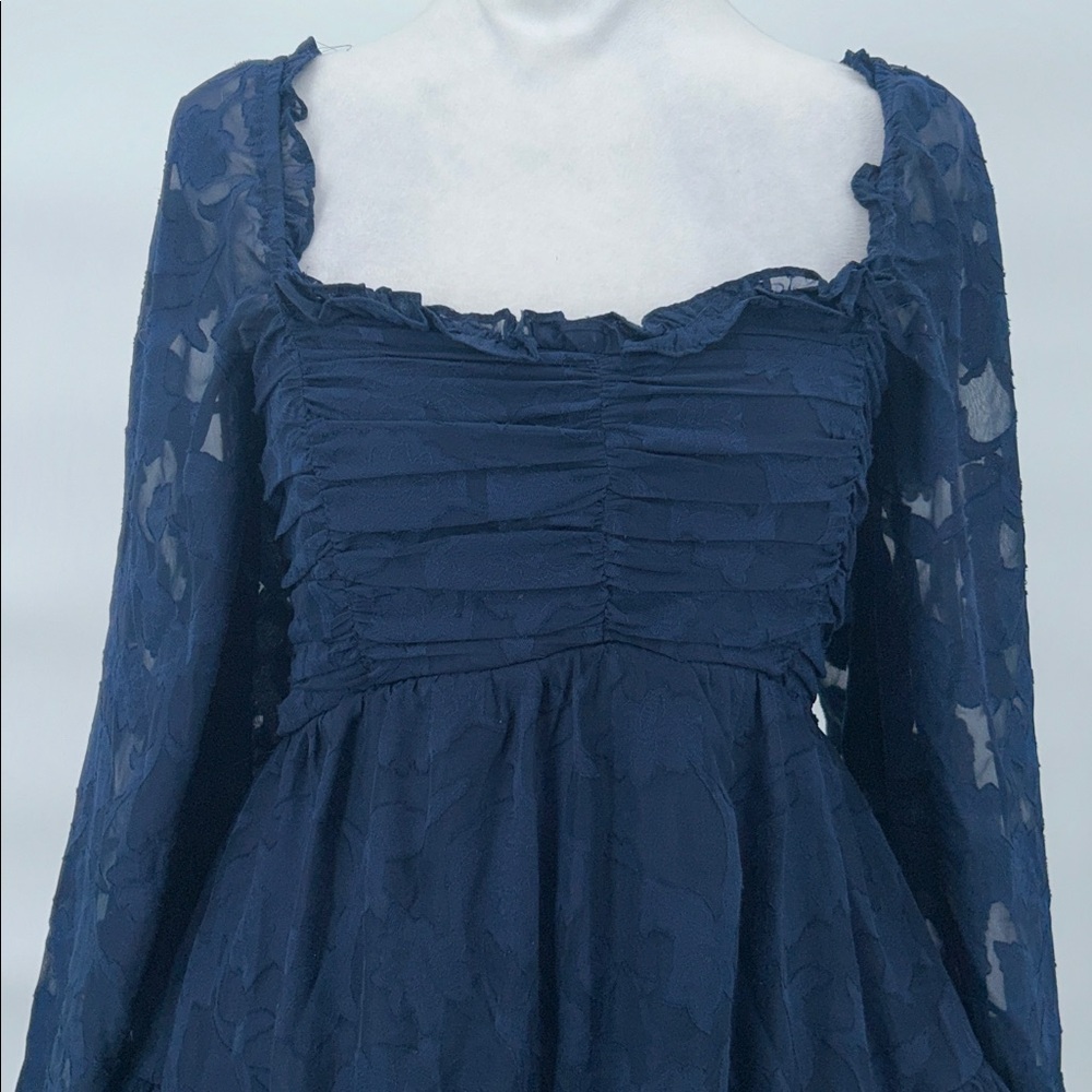Altar'd State Clairyn Tiered Square Neck Ruffle Long-Sleeve Mini Dress Navy XS - Picture 8 of 13